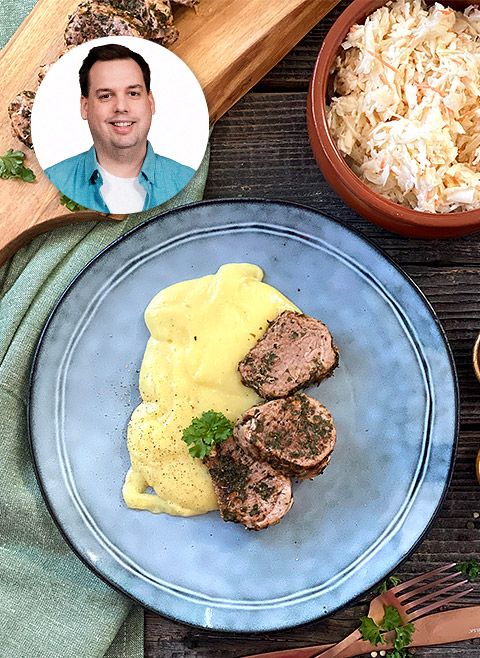 Polędwiczka w przyprawach na parze z puree chrzanowym